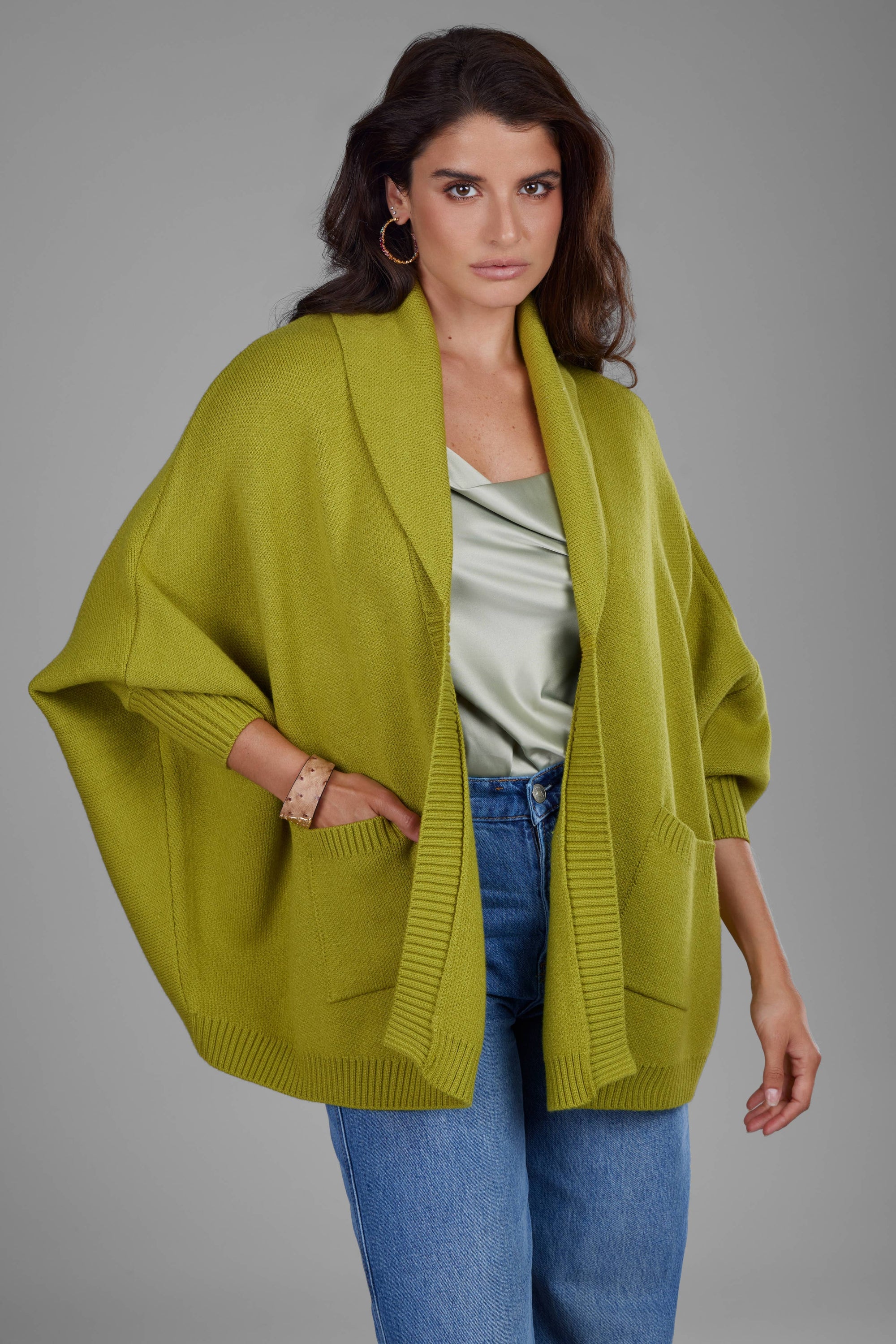 Open Front Oversized Cardigan: Lime