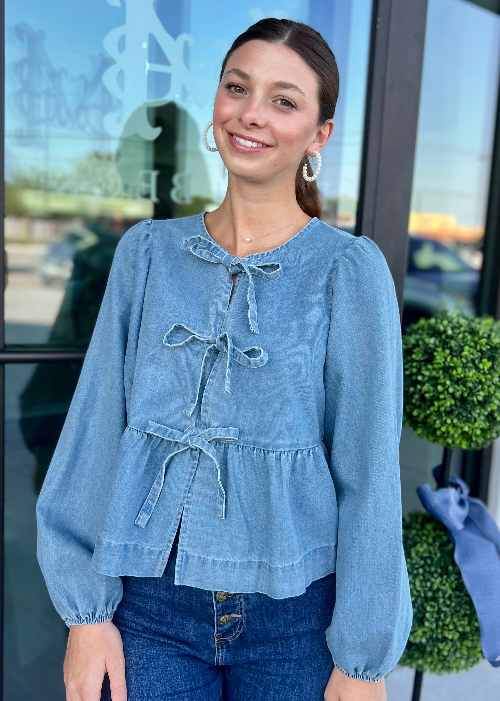 Denim Bow Tie Blouse