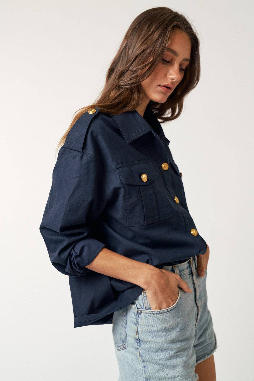 Navy and Gold Button Down Top