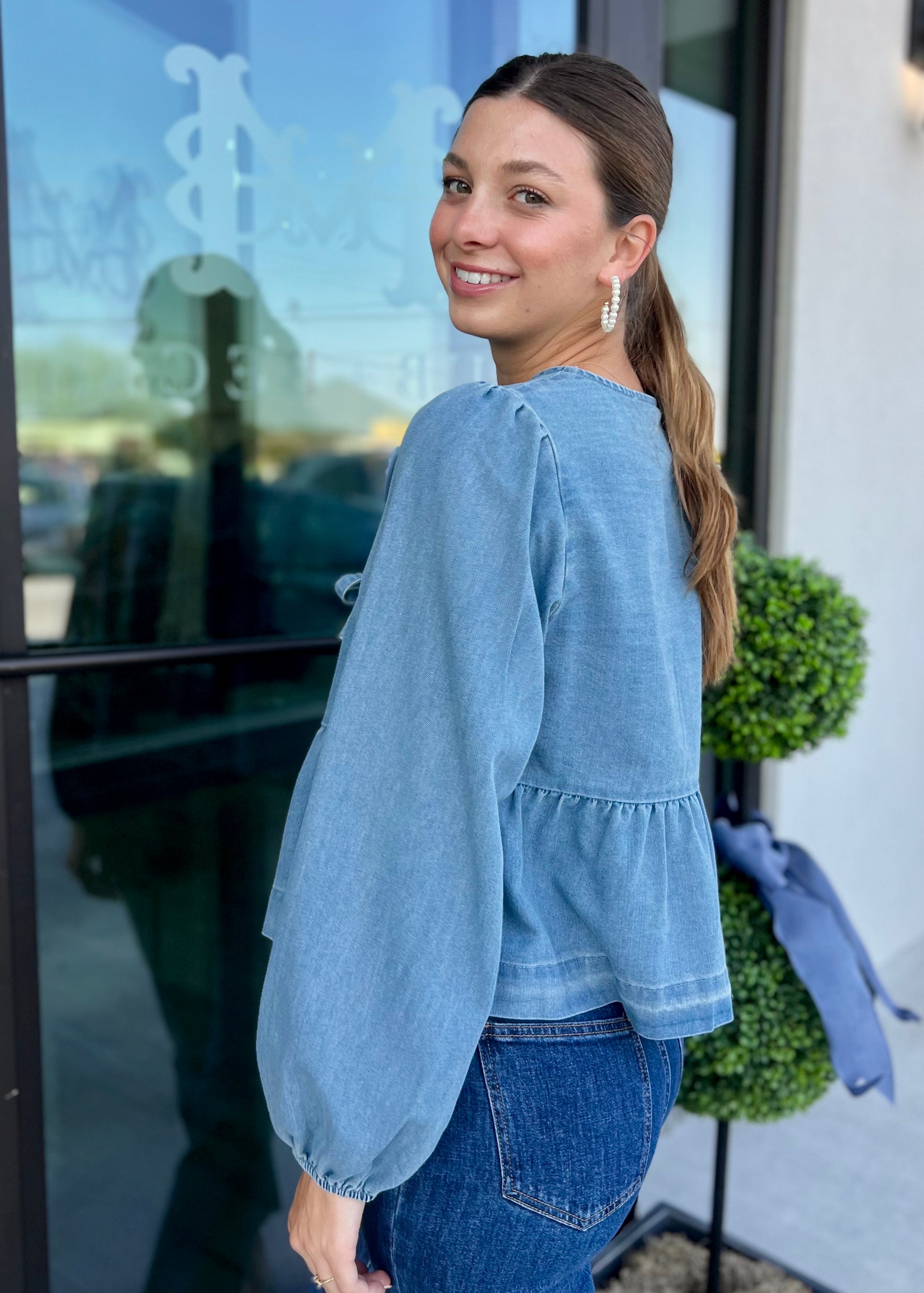 Denim Bow Tie Blouse