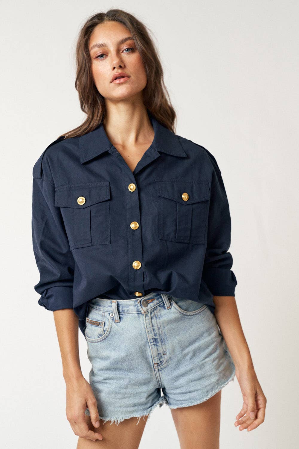 Navy and Gold Button Down Top