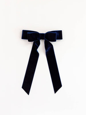 Navy Long Velvet Bow Barrette