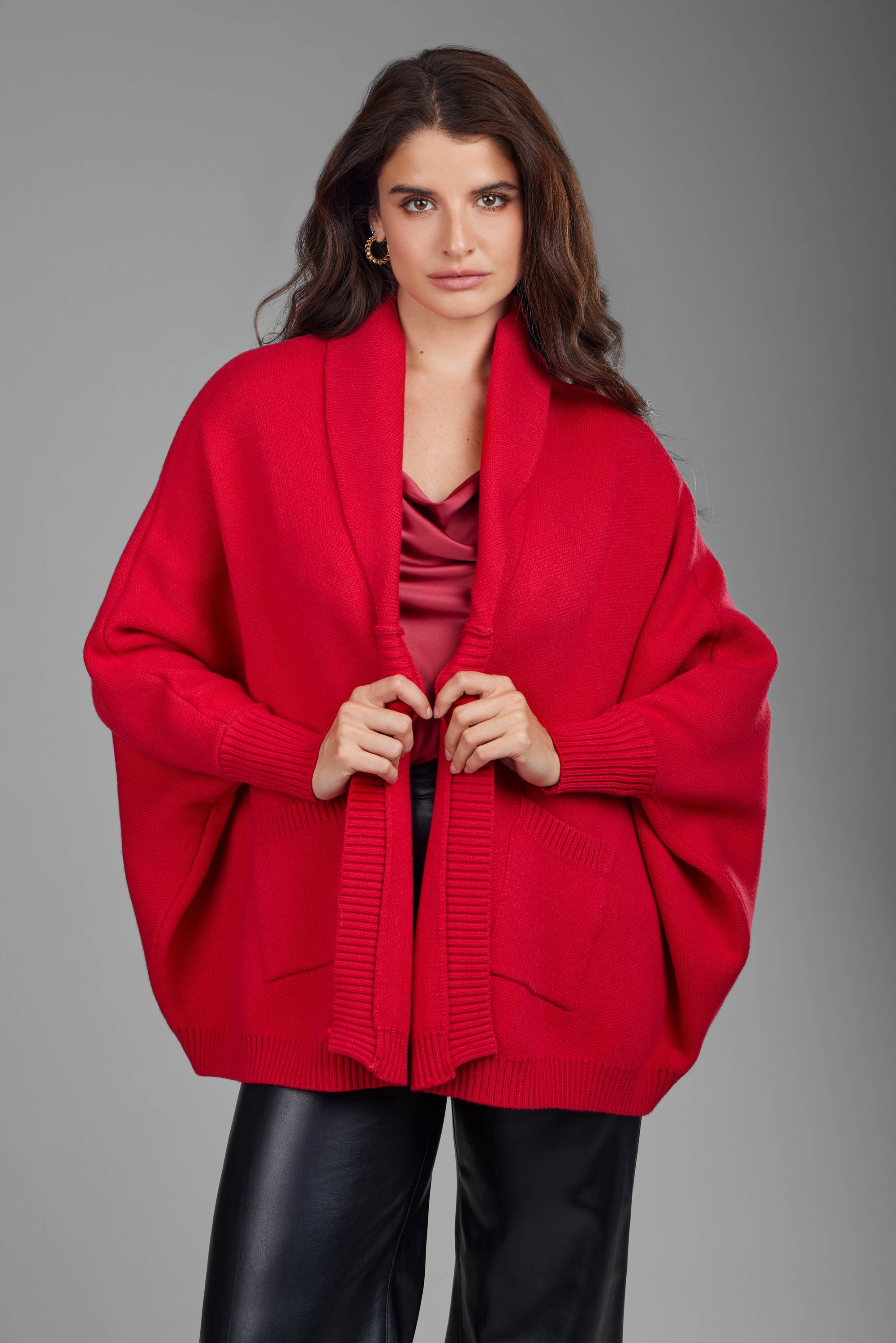 Open Front Oversized Cardigan: Red