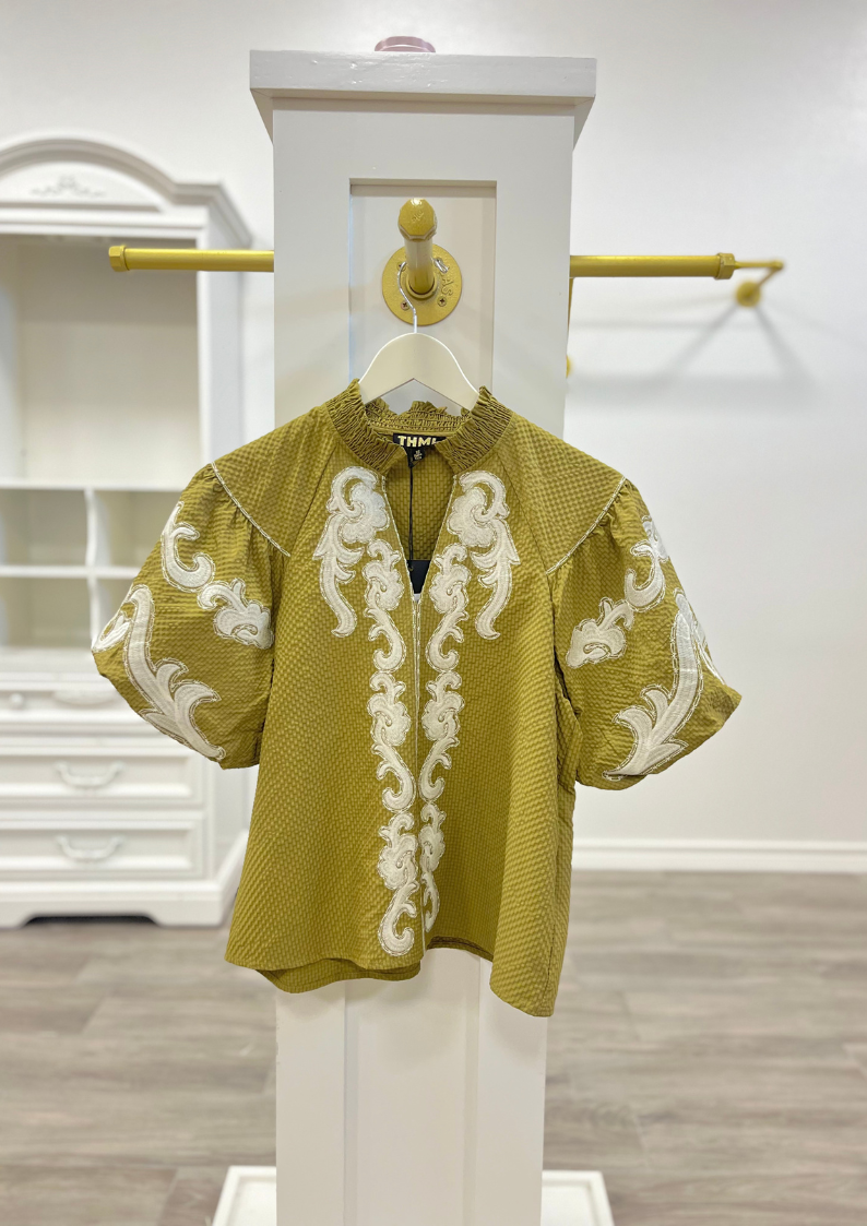 Olive Embroidered Puff Sleeve