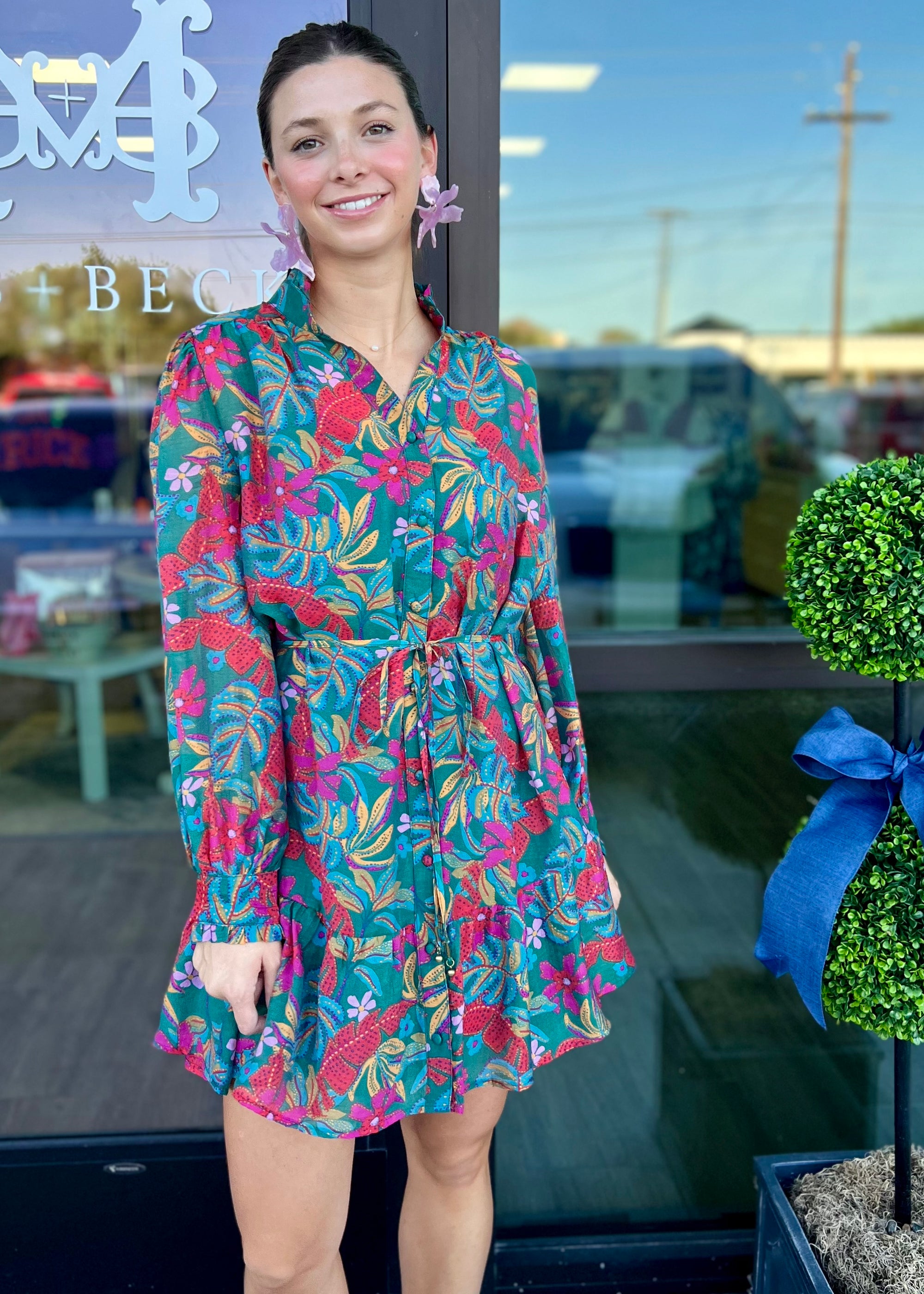 Teal Floral Flounce Dress