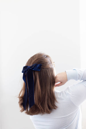 Navy Long Velvet Bow Barrette