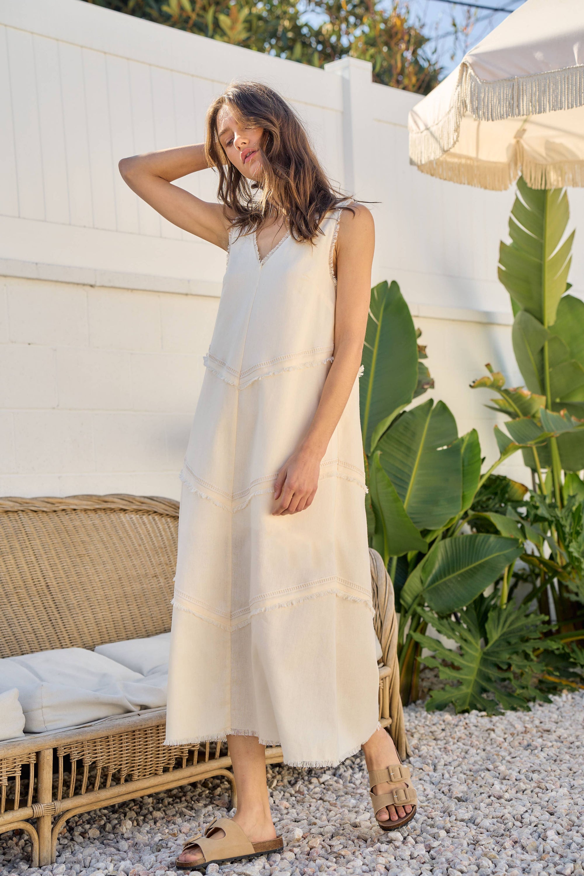 Linen Frayed Midi Dress