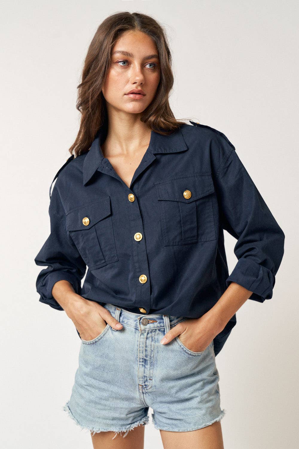 Navy and Gold Button Down Top